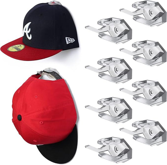 Modern JP Adhesive Hat Hooks for Wall (8-Pack) - Hat Rack for Baseball Caps, Minimalist Hat Display, Strong Hold Hat Hangers for Wall - USA Patented, Clear