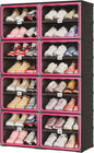 Vipbox No Assembly 8 Tier Collapsible Shoe Rack, 32 Pairs Foldable Shoe Storage Cabinet with Doors, Large Shoe Organizer for Closet, Black & Rose Red