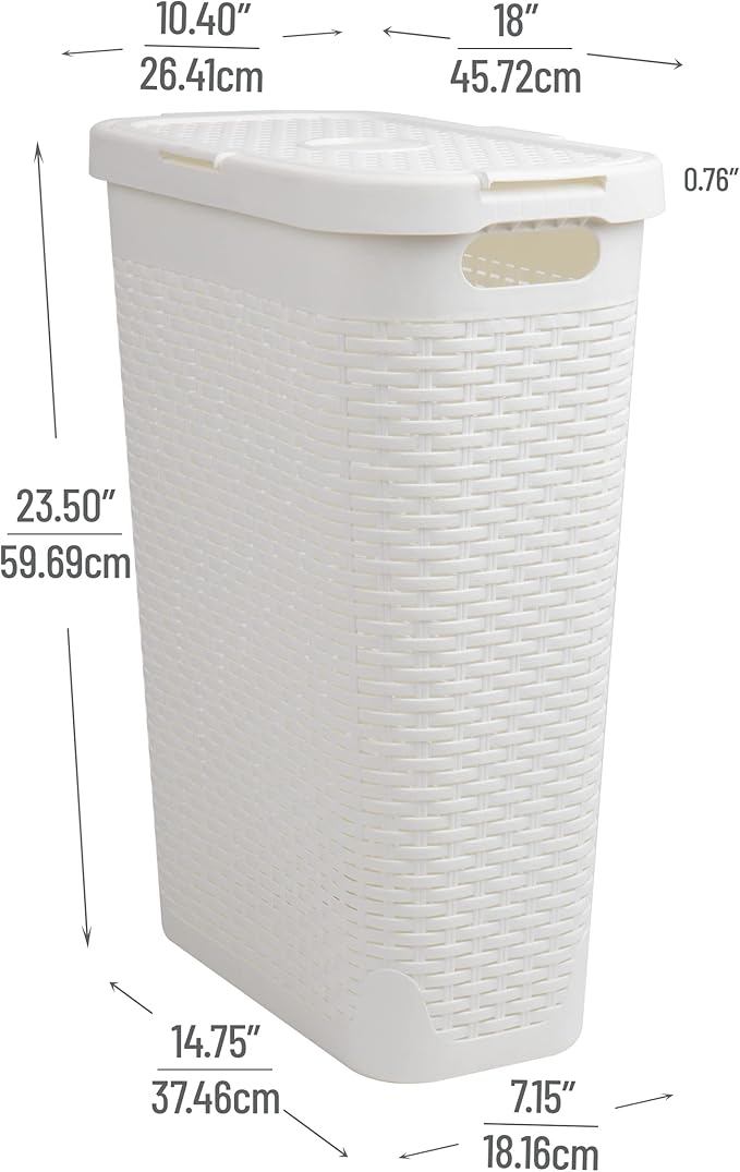 Mind Reader Slim Laundry Hamper with Lid, 40L Clothes Basket, Narrow Tapered Design with Ventilated Cutout Pattern, Plastic, White