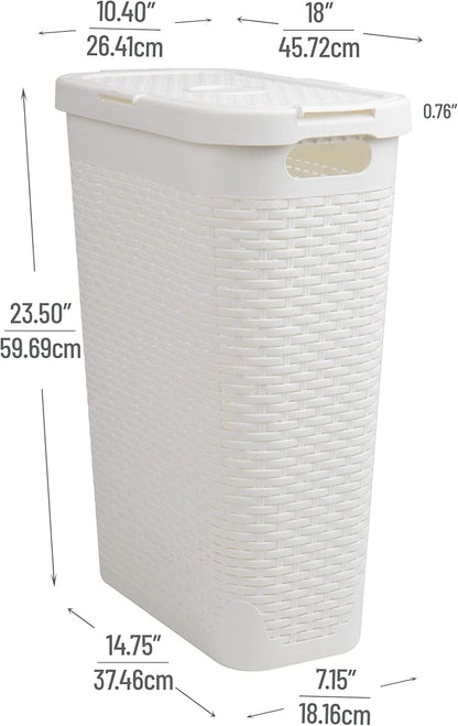 Mind Reader Slim Laundry Hamper with Lid, 40L Clothes Basket, Narrow Tapered Design with Ventilated Cutout Pattern, Plastic, White