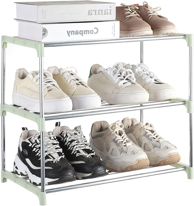 Small Shoe Rack, Narrow Stackable Shoe Shelf Organizer for Entryway, Doorway and Bedroom Closet (3-Tier, Green)