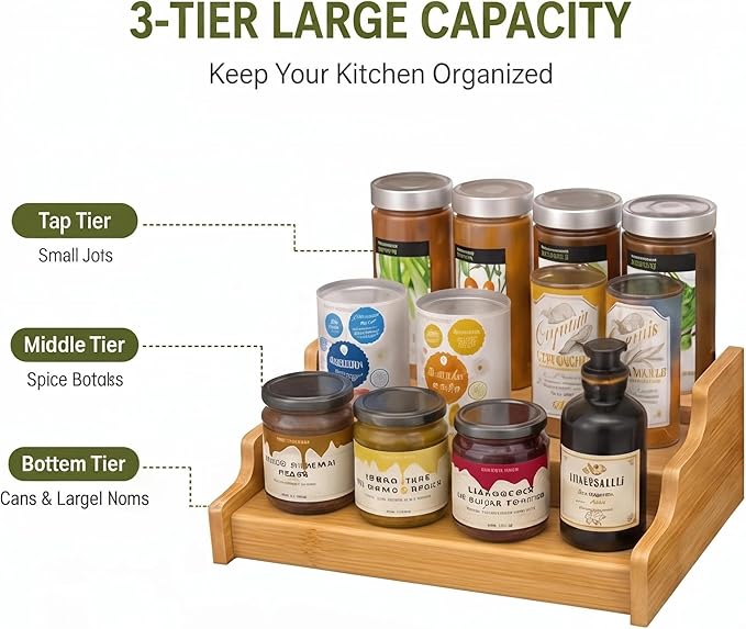 Expandable 3-Tier Bamboo Can Rack Organizer for Pantry, Adjustable Kitchen Cabinet Storage Shelf, Holds Up to 24 Cans, Natural Elegance