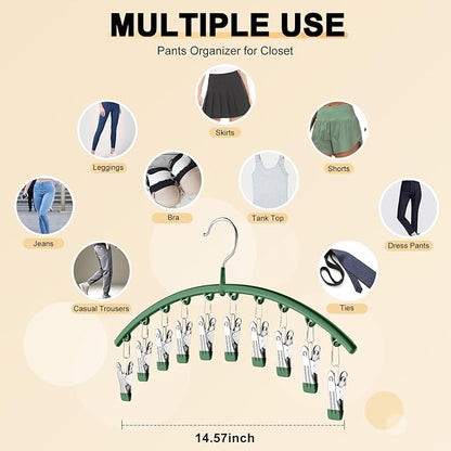 Legging Organizer for Closet, Metal Yoga Pants Hangers 2 Pack w/10 Clips Holds 20 Leggings, Space Saving Hanging Closet Organizer w/Rubber Coated Closet Organizers and Storage, Green