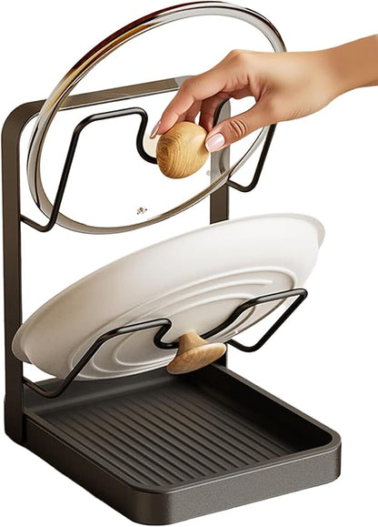 Lispin Pot Lid Holder & Spoon Rest, 2026 Upgraded Multifunctional Kitchen Organizer Rack with Removable Drip Tray, Space-Saving Countertop Stove Top Storage for Pots Pans (Double Layer-Gray)