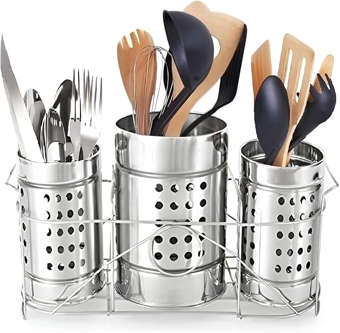 Self Draining Tableware Utensil Storage Box- Spoon,Knife,Fork,Chopstick,Steel Cutlery Holder/Organizer Stand For Kitchen Kitchen Utensil Organizer, 3 Compartments, Silver, Storage RacK