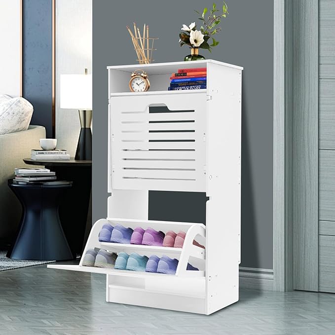 Free Standing Shoe Rack for Entryway, Hidden Narrow Shoe Storage Cabinet w/2 Flip Drawers, Shoe Organizer Cabinet for Bedroom Hallway Home Apartment (White)