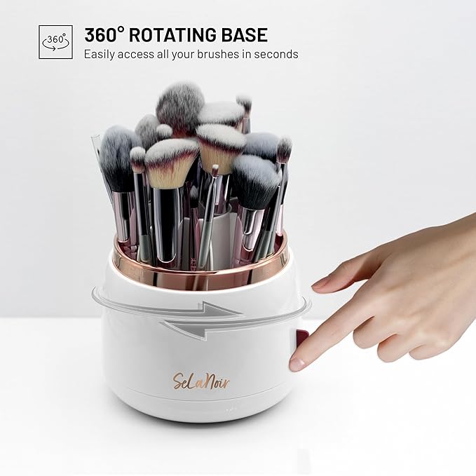 Rotating Makeup Brush Holder with Lid – Dustproof Vanity Organizer for Makeup Brushes, Bonus Foldable Makeup Brush Cleaner Bowl Included, Elegant White Storage Solution