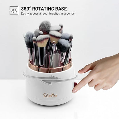 Rotating Makeup Brush Holder with Lid – Dustproof Vanity Organizer for Makeup Brushes, Bonus Foldable Makeup Brush Cleaner Bowl Included, Elegant White Storage Solution