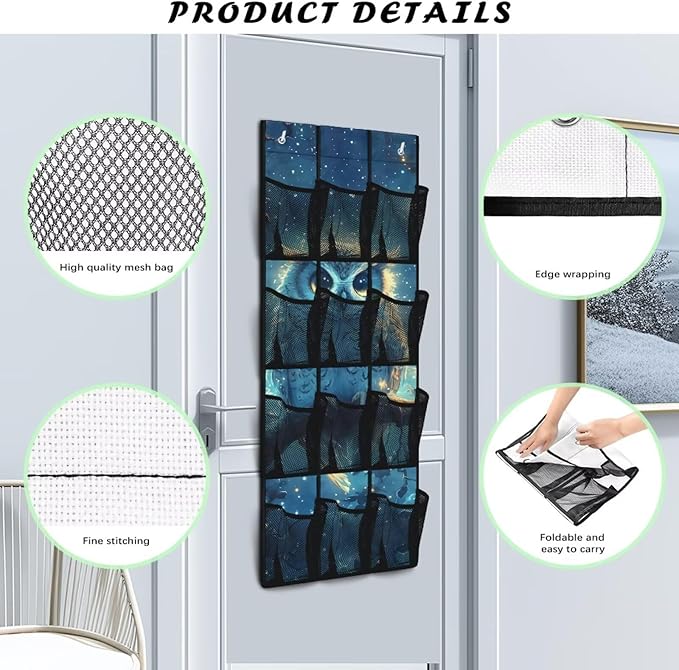 Owl Over The Door Shoe Organizer Space Saving Foldable Hanging Storage Holder 12 Mesh Pockets for Bathroom Bedroom