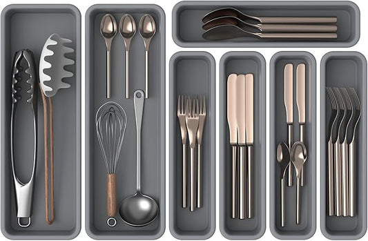 7 Pack Silicone Silverware Drawer Organizer, DIY Free Combination Kitchen Drawer Organizer, Utensil Organizer, Moisture-proof and Heat-resistant up to 200°C, Anti-slip Design (Grey)