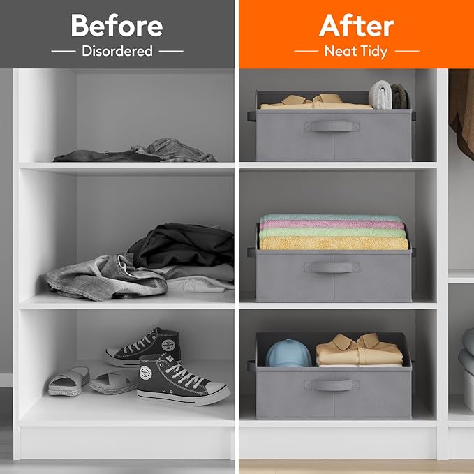 Lifewit Trapezoid Closet Storage Bins for Shelf, 6 Packs Non-woven Closet Organizer Baskets with Handles, Foldable Clothes Containers Boxes for Clothing, Book, Purse, 19L, Large, Gray
