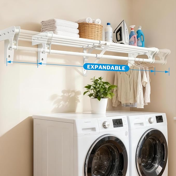 Steel Closet Shelf with Hanging Rod, Back Wall & Side Wall Mounted, 40-73'' Expandable White Closet Shelves, Heavy Duty Storage Rack Holds 220 lbs, Adjustable DIY Closet Rod Divider Separator