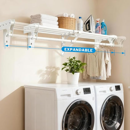 Steel Closet Shelf with Hanging Rod, Back Wall & Side Wall Mounted, 40-73'' Expandable White Closet Shelves, Heavy Duty Storage Rack Holds 220 lbs, Adjustable DIY Closet Rod Divider Separator