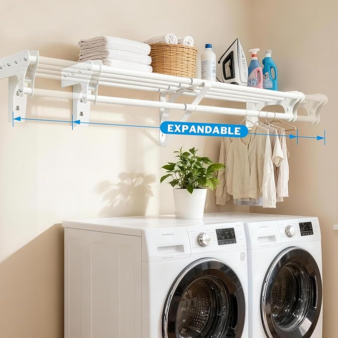 Steel Closet Shelf with Hanging Rod, Back Wall & Side Wall Mounted, 28-48'' Expandable White Closet Shelves, Heavy Duty Storage Rack Holds 220 lbs, Adjustable DIY Closet Rod Divider Separator