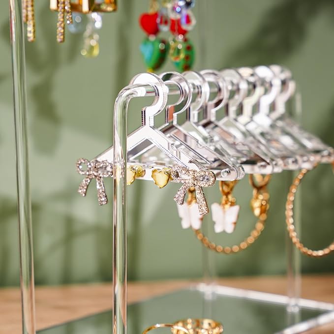 NiHome Acrylic Earring Holder with Unique Double-Tiered Design, Cute Miniature Clothing Hangers with Spacious Storage for 48 Pairs, Mirror-Finish Display for Home Vanity & Retail Showrooms (Silver)