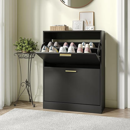 JOZZBY Shoe Cabinet Storage for Entryway, Freestanding Narrow Slim Shoe Organizer Cabinet with 2 Flip Drawers, Wooden Shoe Rack for Hallway, Living Room, Black1