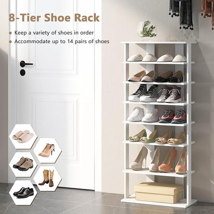Giantex 8-Tier Wooden Shoe Rack, Patented Double Row Shoe Organizer for 16 Pairs, Customizable Height, Space-Saving Shoe Storage Stand for Entryway, Hallway, Living Room, Bedroom (White, Double)