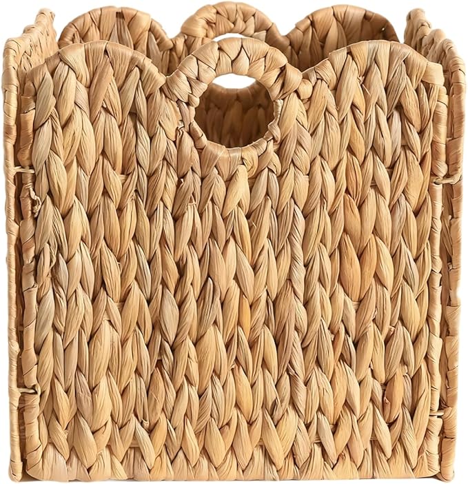 Scalloped Wicker Storage Cubes Basket, 12”x12“ Heavy Duty Paper rope/Hyacinth/Seagrass Baskets for Shelves, Foldable Natural Boho Square Bins (Water Hyacinth&10.5 x 10.5 x 10.5in&4-Pack)