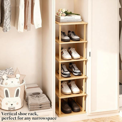 Aniston 6 Tier Small Shoe Rack Bamboo, Free Standing Slim Narrow Shoe Storage, Vertical Tall Shoe Shelf Organiser for Garage, Closet, Doorway, Corner, Living Room Small Spaces