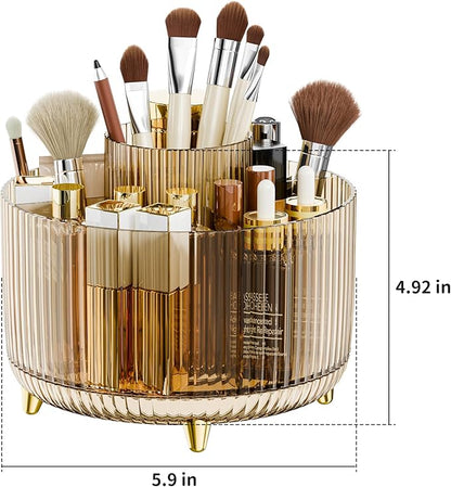 fanado 360° Rotate Makeup Brush Holder Organizer, Makeup Organizers Countertop, Makeup organization and Skincare Storage for Vanity, Desktop, Bathroom (Clear Amber)