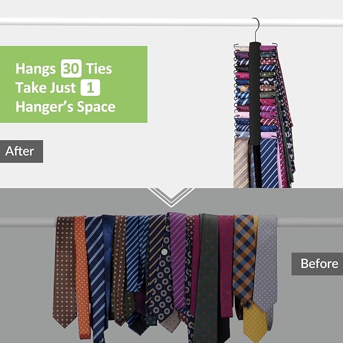 2 Pack Tie Rack, Wooden Tie Hanger for Men Closet, 60 Storage Capacity, Non-Slip Rotatable Tie Organizer, Closet Organizers and Storage, Black