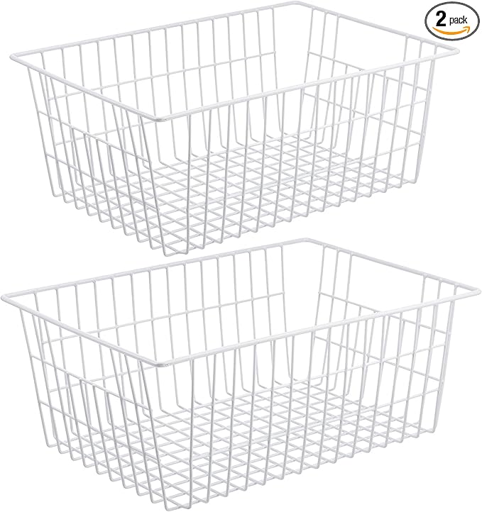Redrubbit Wire Storage Baskets, Large Farmhouse Metal Freezer Basket Storage Organizer Bins with Handles for Kitchen Cabinets, Pantry, Closets, Bedrooms, Bathrooms, Set of 2, White