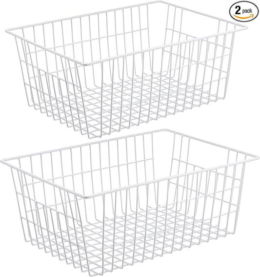 Redrubbit Wire Storage Baskets, Large Farmhouse Metal Freezer Basket Storage Organizer Bins with Handles for Kitchen Cabinets, Pantry, Closets, Bedrooms, Bathrooms, Set of 2, White