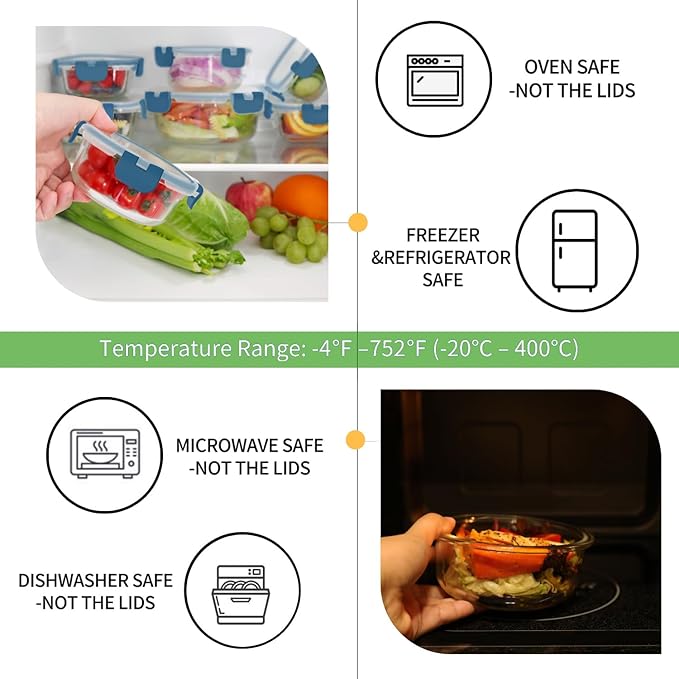 HOMBERKING Glass Food Storage Containers with Lids, [18 Piece] Glass Meal Prep Containers, Airtight Lunch Bento Boxes, BPA-Free & Leak Proof (9 lids & 9 Containers) - Deep Blue