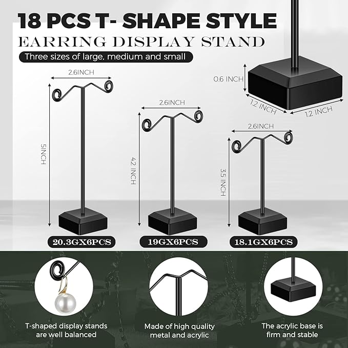 Macarrie 18 Pcs Metal Earring Holder T Bar Earring Display Stand Organizer Countertop Hanger Hanging Jewelry Towers with Acrylic Base(Black)