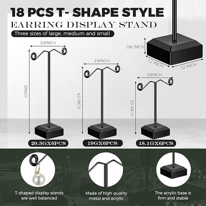 Macarrie 18 Pcs Metal Earring Holder T Bar Earring Display Stand Organizer Countertop Hanger Hanging Jewelry Towers with Acrylic Base(Black)