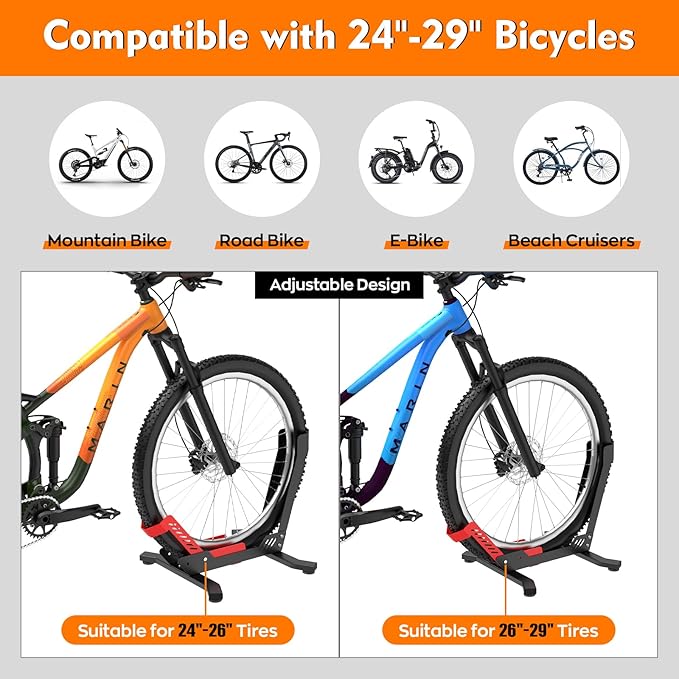 ALIXUEQIN Bike Stand Floor, Portable Bike Storage for Garage - Fit for 24"-29" Bikes, Tire Width up to 3.5", Road & Mountain Bicycle Stand, Front and Rear Wheel Parking Rack - Red