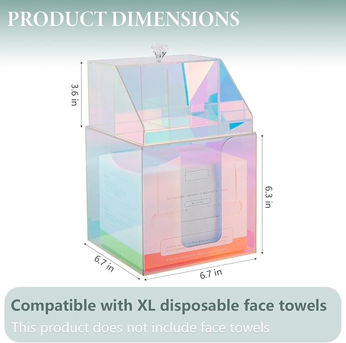 Disposable Facial Towels Storage Compatible with Clean Skin Club Clean Towel XL Double Layer Acrylic Box Cotton Pads Container Qtip Bin Face Towelettes Holder for Bathroom Counter, Glossy Rainbow