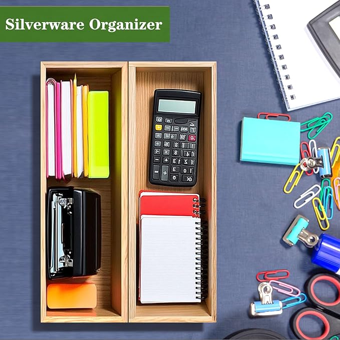 guiogc Bamboo Drawer Silverware Organizer, Flatware Organizers, Multi-purpose Bamboo Storage Box for Kitchen, Offices and Dressing table 11.5" x 3.15" x 1.8" (Set of 2)