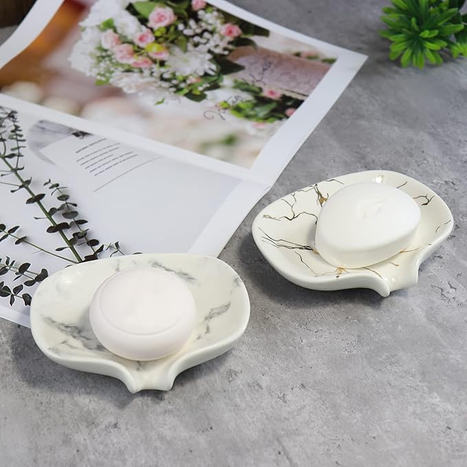 Gold Marble Texture Soap Dish Ceramic Soap Holder Self Draining Soap Dish Waterfall Slot Sponge Holder Bathroom Accessories for Bathroom, Kitchen,Bar Counter.