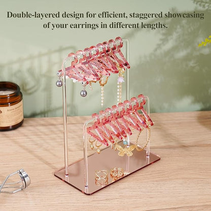 NiHome Acrylic Earring Holder with Unique Double-Tiered Design, Cute Miniature Clothing Hangers with Spacious Storage for 48 Pairs, Mirror-Finish Display for Home Vanity & Retail Showrooms (Rose Gold)