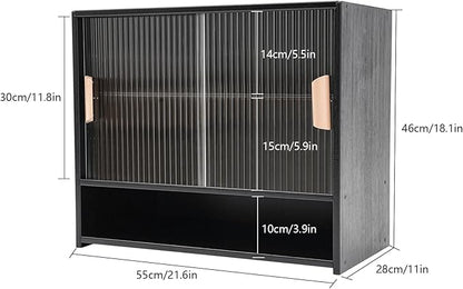 OUKANING 3 Tiers Small Bamboo Kitchen Pantry Sideboard with 2 Sliding Striped Glass Doors, Freestanding Kitchen Pantry Cabinet for Bottle, Dish, Bowl Console Dining Cupboard, Black