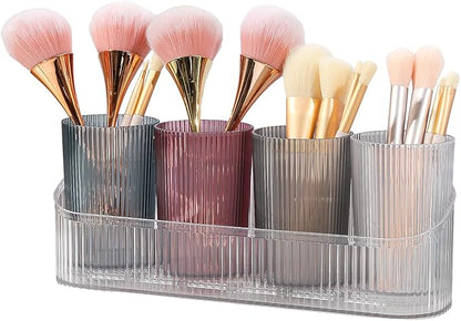 DASITON Makeup Brush Holder Organizer with 4 Cup, Vintage Striped Make Up Brush Holder for Vanity, Bathroom Toothbrush Holders, Acrylic Cosmetic Brushes Storage Organizer Pen Holder (Clear+Multicolor)
