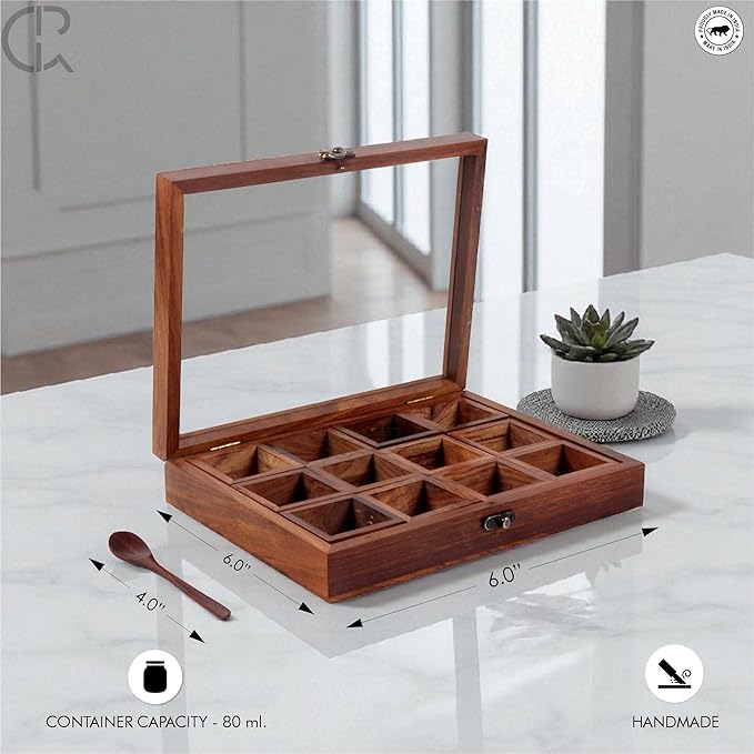 Wooden Spice Box, Masala Container, Condiments Storage Case for Kitchen, Multipurpose Decorative Box - Indian Rosewood Crafted