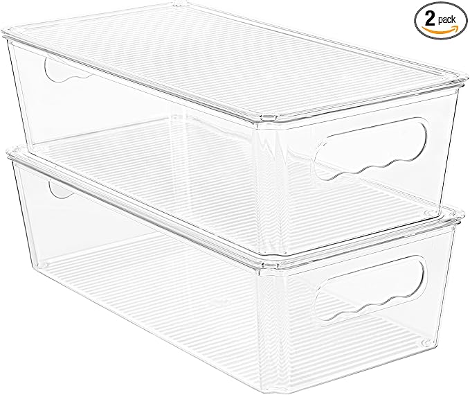 Vtopmart 2pcs Clear Organizers and Storage Bins with Lids, Stackable Plastic Storage Containers with Handles for Fridge, Freezer, Pantry, Cabinet, Kitchen Organization
