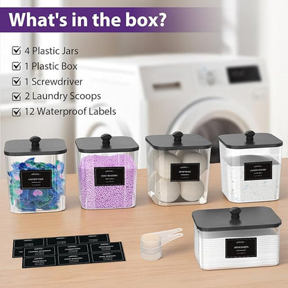 COAZEX 4+1 Pack Clear Laundry Pods Container & Dryer Sheet Holder, Plastic Square Laundry Room Organization and Storage Jars with Black Lids, Scoops & Labels for Detergent, Powder, Dryer Balls