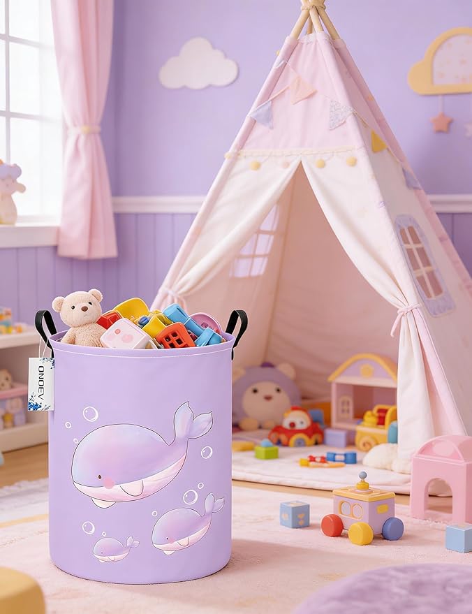 Round Cute Whale Laundry Basket,Collapsible Laundry Hamper for Nursery,Toy Storage Bin for Kids Girls,Waterproof Storage Basket for Home,Bedroom,Playroom,New Parent Gift(Purple Whale)