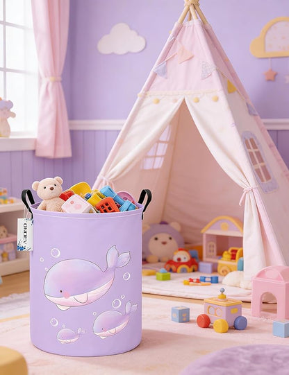 Round Cute Whale Laundry Basket,Collapsible Laundry Hamper for Nursery,Toy Storage Bin for Kids Girls,Waterproof Storage Basket for Home,Bedroom,Playroom,New Parent Gift(Purple Whale)