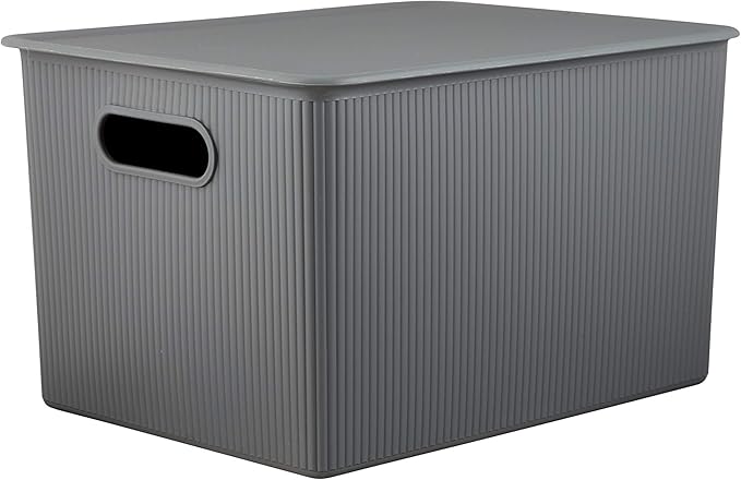 Decorative Plastic Basket Lidded Home Storage Bins Organizer Baskets, X-Large Grey (1 Pack - 22 Liter) Stackable Container Box, for Organizing Closet Storage Bins for Shelves - Ribbed Collection