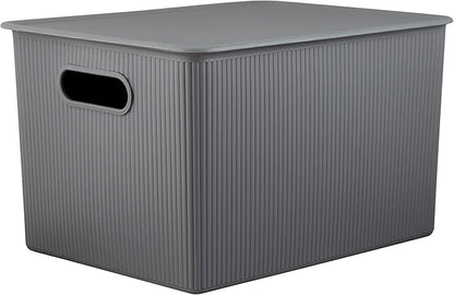 Decorative Plastic Basket Lidded Home Storage Bins Organizer Baskets, X-Large Grey (1 Pack - 22 Liter) Stackable Container Box, for Organizing Closet Storage Bins for Shelves - Ribbed Collection
