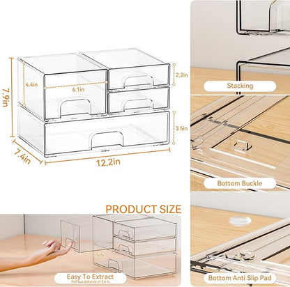 Yieach 4 Pack Clear Stackable Storage Drawers,Acrylic Drawer Organizer for Medicine,Palettes,Hair Accessories and Makeup Organizer,Plastic Drawers for Cabinet,Office,Desk,Bathroom Storage Containers