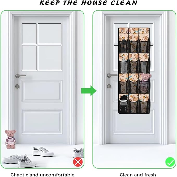 Kawaii Capibala Over The Door Organizer for Dorm Room Essentials,Easy to Install Shoe Organizer Door Hanger for Living Room,Mesh Pockets with 4 Metal Hook