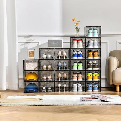 INSTY 12 Pack Gray Transparent Shoe Storage Organizer, Stackable Shoe Boxes for Closet, Drop Front Plastic Shoe Box with Grey Door, Easy to Assemble, Fit up US Size 12(13.4”x 9.8”x 7.1”)
