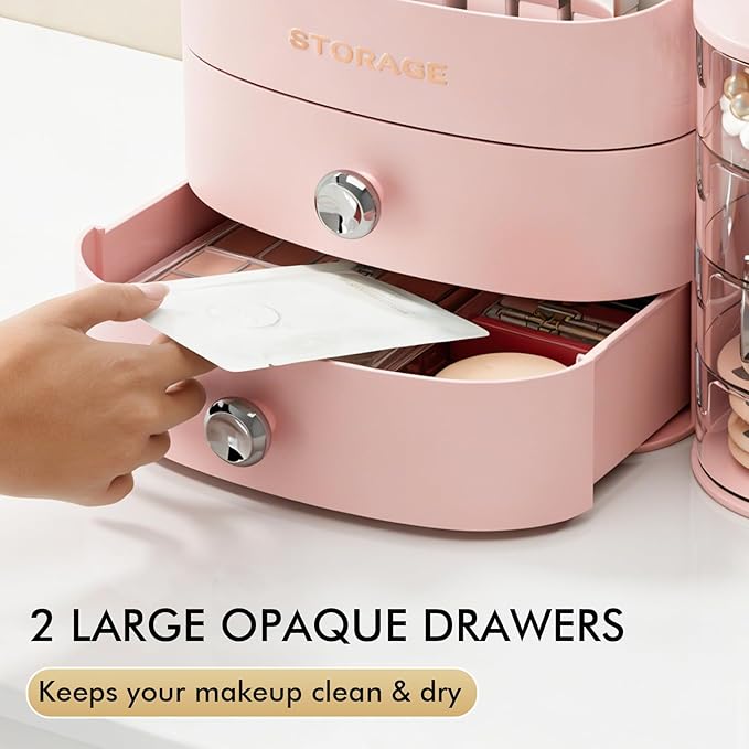 Makeup Organizer Countertop with Drawers, Make up Organizers for Vanity, Skincare Jewelry Earring Organizers, Cosmetic Display Cases Makeup Storage for Bedroom & Bathroom, Ideal Gifts for Women(Pink)