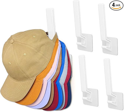 Hat Rack for Baseball Cap, (4 Pack) Adhesive Ball Caps Holder on Wall, No Drilling Hat Organizer Wall Storage Wall Mount, Hat Hanger Display, White