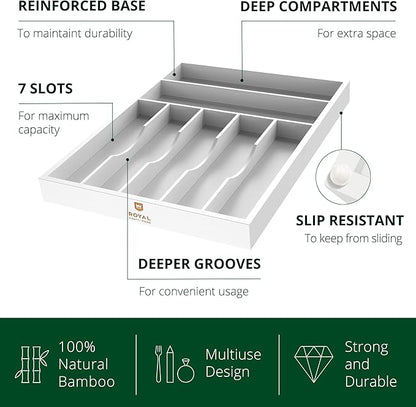 Luxury Bamboo Kitchen Drawer Organizer - Silverware Organizer - Utensil Holder and Cutlery Tray with Grooved Drawer Dividers for Flatware and Kitchen Utensils (7 Slot, White)